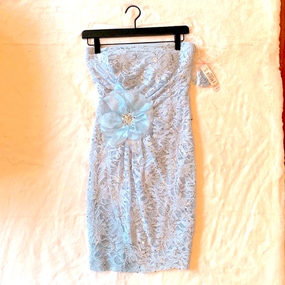 NWT- Pale Blue Sparkly and Lacy Mini Cocktail/Party Dress - Picture 1 of 16